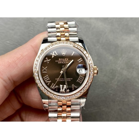 Datejust brick inlaid Roman numerals brown dial, rose gold silver strap 31mm