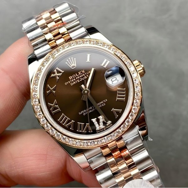 Datejust brick inlaid Roman numerals brown dial, rose gold silver strap 31mm