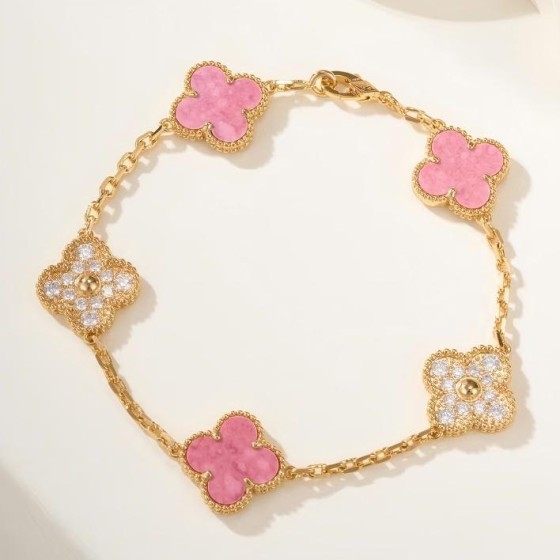 Four-leaf Clover Half Diamond Bracelet Gold Pink