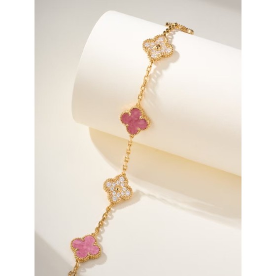 Four-leaf Clover Half Diamond Bracelet Gold Pink