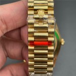 Sunday calendar series men's watch with black ice candy-colored dial, gold bezel, 40mm, and gold President-style bracelet.