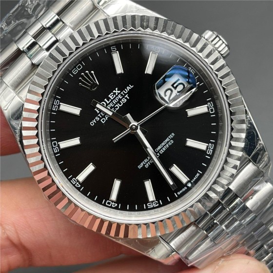 Datejust series men's and women's watches, black dial, silver bezel, 36 and 41mm sizes, silver five-link bracelet.