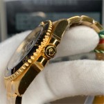 Rolex Submariner series, black dial, black bezel, 41mm, gold Oyster bracelet.