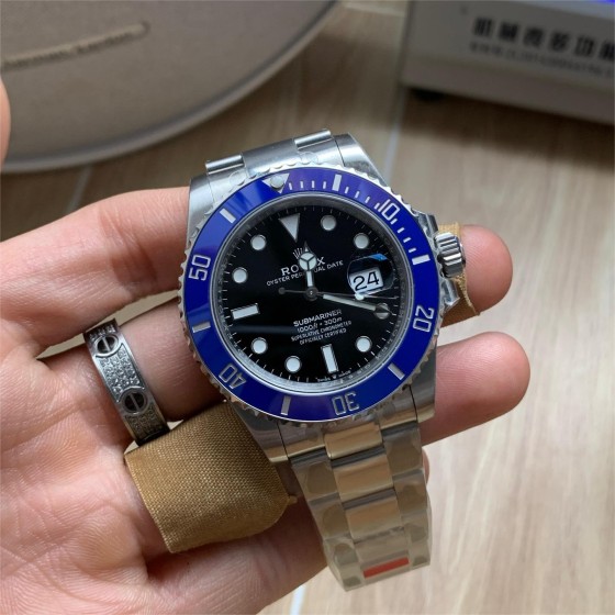 Submariner series, black dial, blue bezel, 41mm, silver Oyster bracelet.