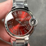 Cartier Ballon Bleu series, burgundy dial, 33mm, women's watch, silver strap, mechanical.