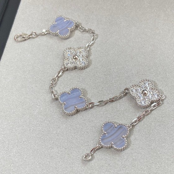 Four-leaf clover purple chalcedony and silver diamond beaded bracelet