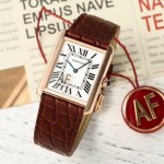 Cartier Tank series, rose gold bezel, burgundy leather strap, 25.5mm.