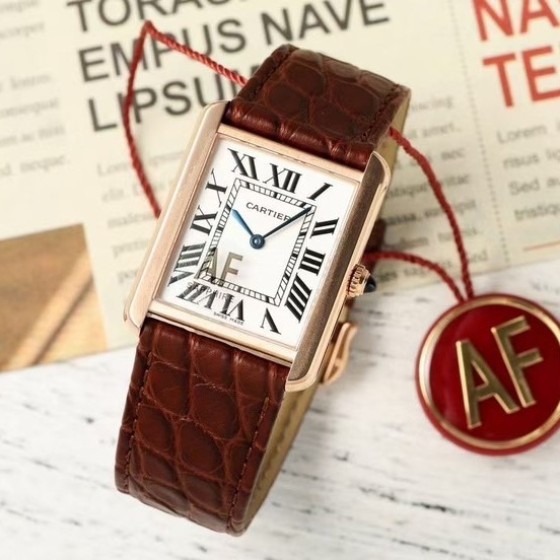 Cartier Tank series, rose gold bezel, burgundy leather strap, 25.5mm.