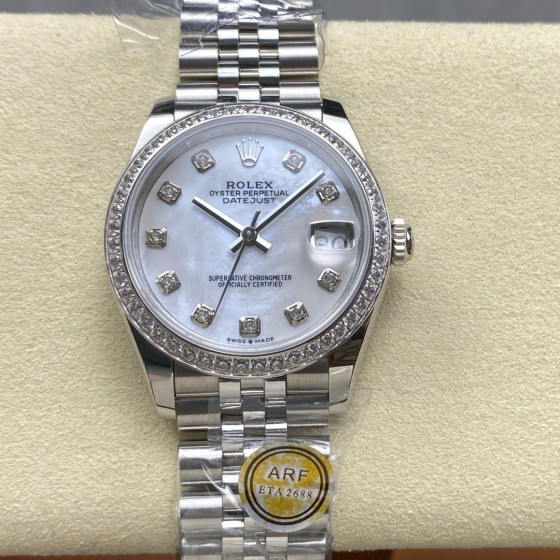 Datejust series, white mother-of-pearl dial with diamonds, 31mm, silver strap