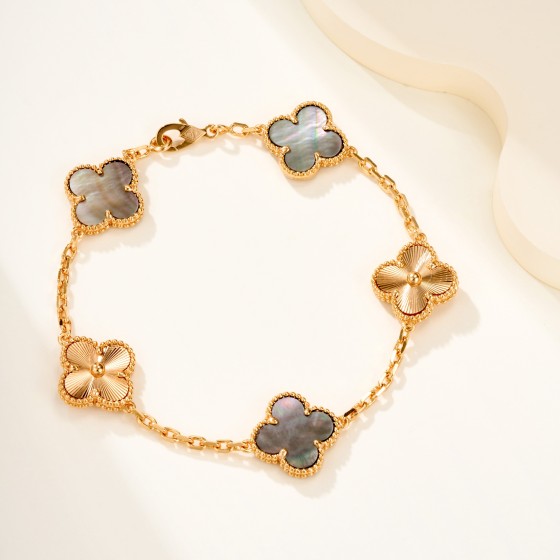 Four-leaf clover, mother-of-pearl, gold-plated, multi-colored bracelet