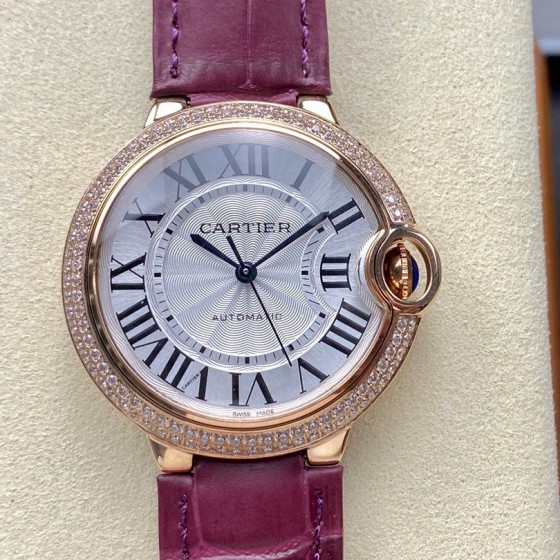 Cartier Ballon Bleu series, 36mm women's watch with silver dial and diamond-set bezel, purple leather strap, mechanical movement.