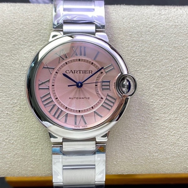 Cartier Ballon Bleu series, pink dial, 36mm, women's watch, silver strap, mechanical.
