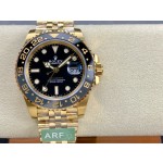 Rolex GMT-Master series, black dial, black bezel, 40mm, gold five-link bracelet.