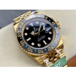 Rolex GMT-Master series, black dial, black bezel, 40mm, gold five-link bracelet.