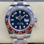 Rolex GMT-Master series, blue dial, blue and red bezel, 40mm, silver Oyster bracelet.