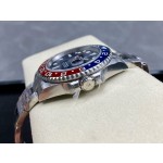 Rolex GMT-Master series, blue dial, blue and red bezel, 40mm, silver Oyster bracelet.
