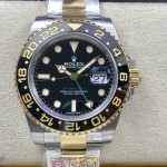 Rolex GMT-Master series, black dial, black bezel, 40mm, silver and gold Oyster bracelet.