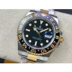 Rolex GMT-Master series, black dial, black bezel, 40mm, silver and gold Oyster bracelet.