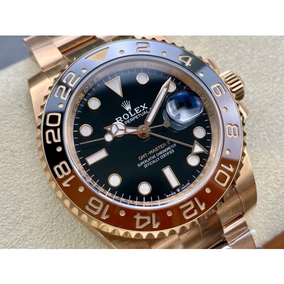 Rolex GMT-Master series, black dial, black and red bezel, 40mm, rose gold Oyster bracelet.