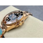 Rolex GMT-Master series, black dial, black and red bezel, 40mm, rose gold Oyster bracelet.