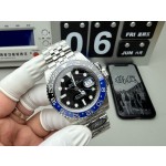 Rolex GMT-Master series, black dial, black and blue bezel, 40mm, silver five-link bracelet.