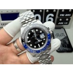 Rolex GMT-Master series, black dial, black and blue bezel, 40mm, silver five-link bracelet.