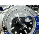 Rolex GMT-Master series, black dial, black and blue bezel, 40mm, silver five-link bracelet.