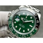 Rolex GMT-Master series, green dial, black and green bezel, 40mm, silver five-link bracelet.