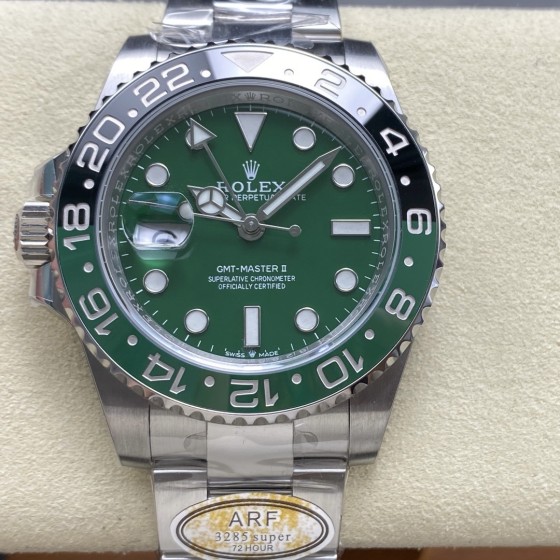 Rolex GMT-Master series, green dial, black and green bezel, 40mm, silver Oyster bracelet.
