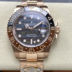 Greenwich series watch with tiger's eye dial, black and red bezel, 40mm case, and rose gold Oyster bracelet.