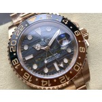 Greenwich series watch with tiger's eye dial, black and red bezel, 40mm case, and rose gold Oyster bracelet.