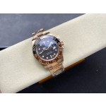 Greenwich series watch with tiger's eye dial, black and red bezel, 40mm case, and rose gold Oyster bracelet.