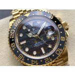 Greenwich series watch with tiger's eye dial, black bezel, and 40mm gold five-link bracelet.