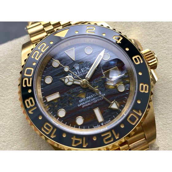 Greenwich series watch with tiger's eye dial, black bezel, and 40mm gold five-link bracelet.