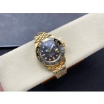 Greenwich series watch with tiger's eye dial, black bezel, and 40mm gold five-link bracelet.