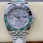 Greenwich series watch with meteorite-patterned dial, black and green bezel, 40mm case, and silver five-link bracelet.