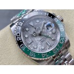 Greenwich series watch with meteorite-patterned dial, black and green bezel, 40mm case, and silver five-link bracelet.