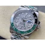 Greenwich series watch with meteorite-patterned dial, black and green bezel, 40mm case, and silver five-link bracelet.