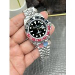 Greenwich series, black dial, black and red bezel, 40mm, silver five-link bracelet.
