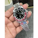 Greenwich series, black dial, black and red bezel, 40mm, silver five-link bracelet.