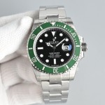 Rolex Submariner series, black dial, green bezel, 41mm, silver Oyster bracelet.