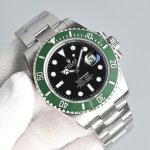Rolex Submariner series, black dial, green bezel, 41mm, silver Oyster bracelet.