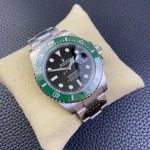 Rolex Submariner series, black dial, green bezel, 40mm, silver Oyster bracelet.