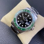 Rolex Submariner series, black dial, green bezel, 40mm, silver Oyster bracelet.