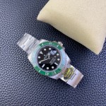 Rolex Submariner series, black dial, green bezel, 40mm, silver Oyster bracelet.