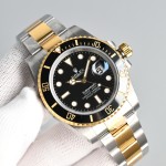 Rolex Submariner series, black dial, black bezel, 40mm, silver and gold Oyster bracelet.