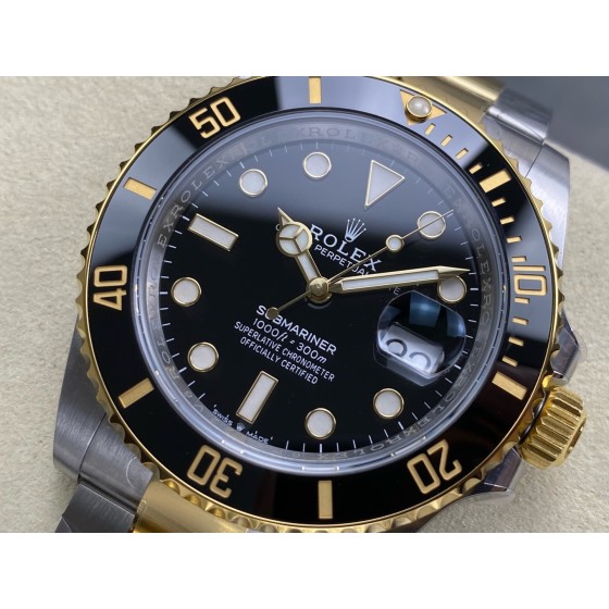 Rolex Submariner series, black dial, black bezel, 41mm, silver and gold Oyster bracelet.