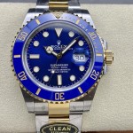 Rolex Submariner series, blue dial, blue bezel, 41mm, silver and gold Oyster bracelet.