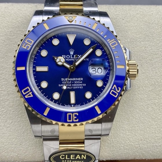 Rolex Submariner series, blue dial, blue bezel, 41mm, silver and gold Oyster bracelet.