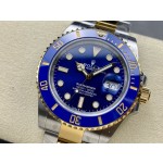 Rolex Submariner series, blue dial, blue bezel, 41mm, silver and gold Oyster bracelet.